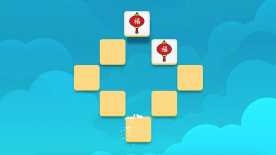 A graphic for a game with squares and clouds in the background