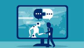 Ilustración de un hombre que le da la mano a un robot que está en una pantalla de computador gigante