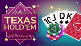 Ilustración de cartas de póquer y fichas y un texto que dice Texas Hold&rsquo;em de Arkadium
