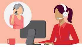 Gráfica mostrando a una agente de servicio al cliente y en una burbuja una mujer mientras contesta el teléfono 