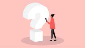 Ilustración de una mujer sosteniendo una lupa junto a un gran signo de interrogación. Ilustración de una mujer sosteniendo una lupa junto a un gran signo de interrogación.