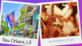 Balcones a la izquierda en el barrio francés de Nueva Orleans, Luisiana, a la derecha, un saxofonista en una banda de jazz. Balcones a la izquierda en el barrio francés de Nueva Orleans, Luisiana, a la derecha, un saxofonista en una banda de jazz.