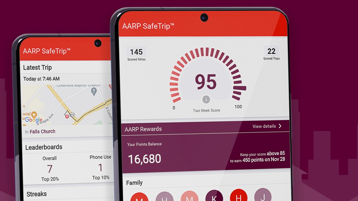 cell phone screenshots of aarp safe trip app