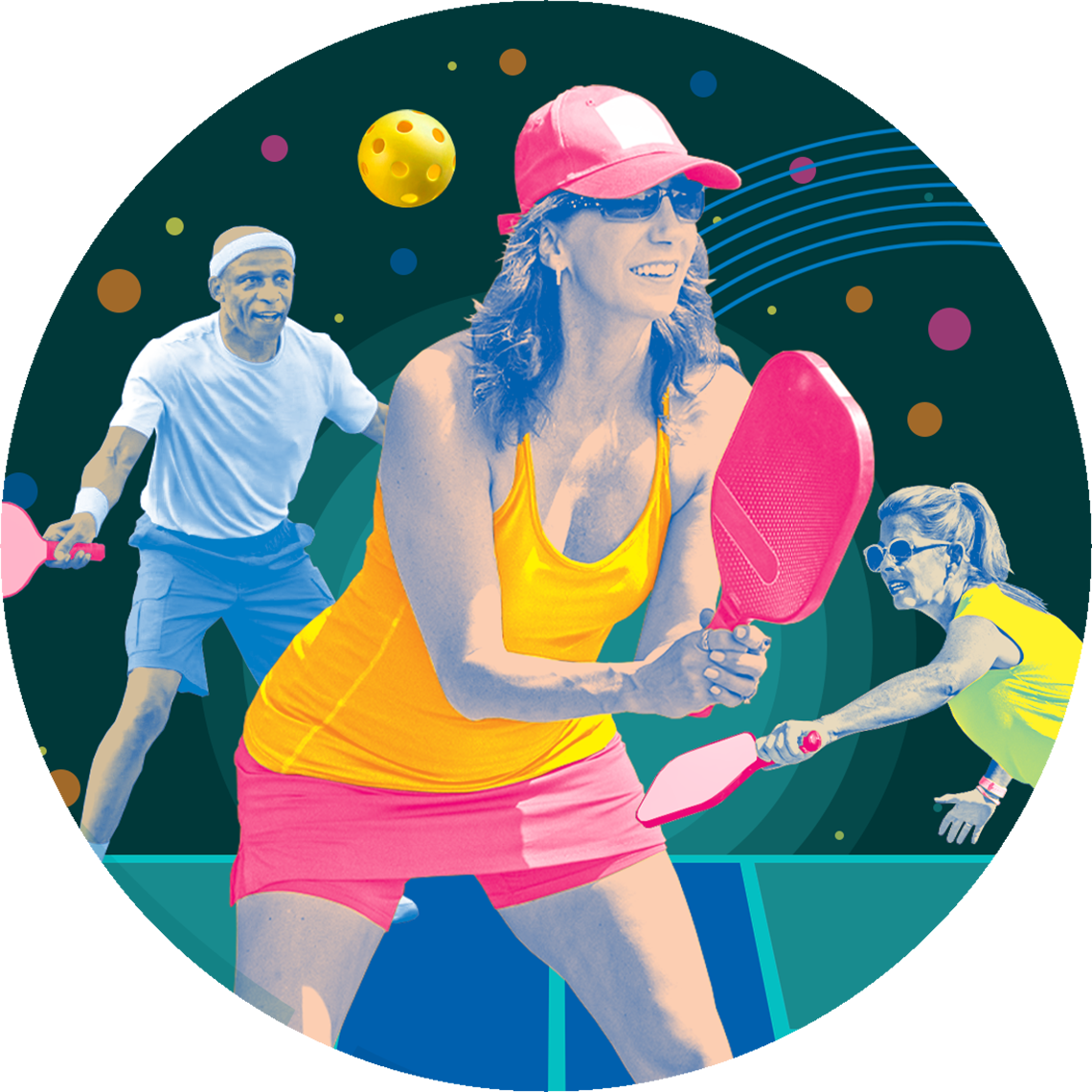 woman holding a pickleball paddle on a court along with other players collaged in the background