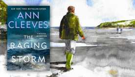 watercolor illustration of a person in a green jacket and boots on a beach with two people and a headland in the distance; cover of ann cleeves' the raging storm overlaid on the illustration