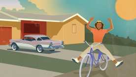 An illustration of a woman riding a bicycle in front of a 1950s house and car.