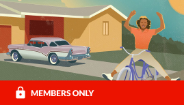 child on bike in front of home with sixties style car parked in front