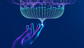 a hand is touching computer signals on a blue background