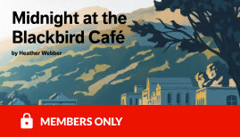 midnight at the blackbird cafe book title on top of mountain landscape with members only lock