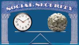 A balanced scale with a clock on one side and a ball of money on the other, is framed by the outline of a Social Security card.