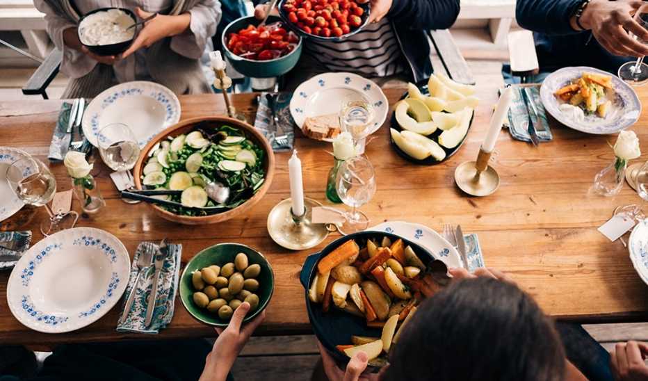 An overhead view of people eating at a table
