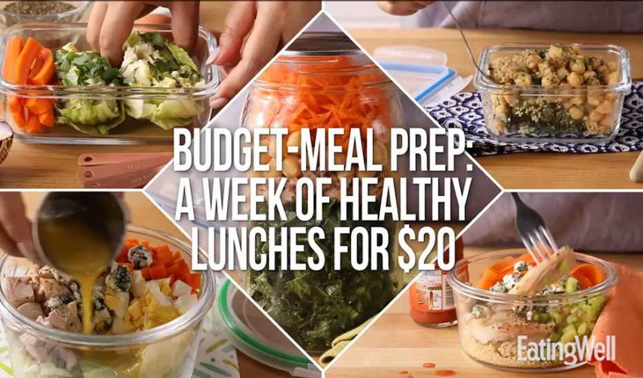 A close-up view of containers filled with healthy meal prep lunches with the text "budget-meal prep: a week of healthy lunches for $20"