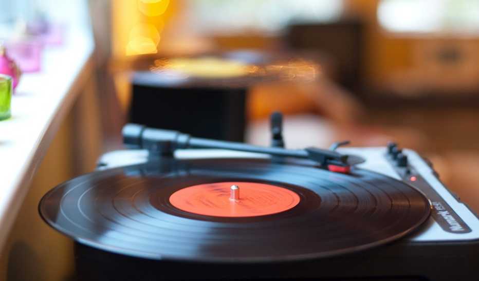 A close-up view of a record player