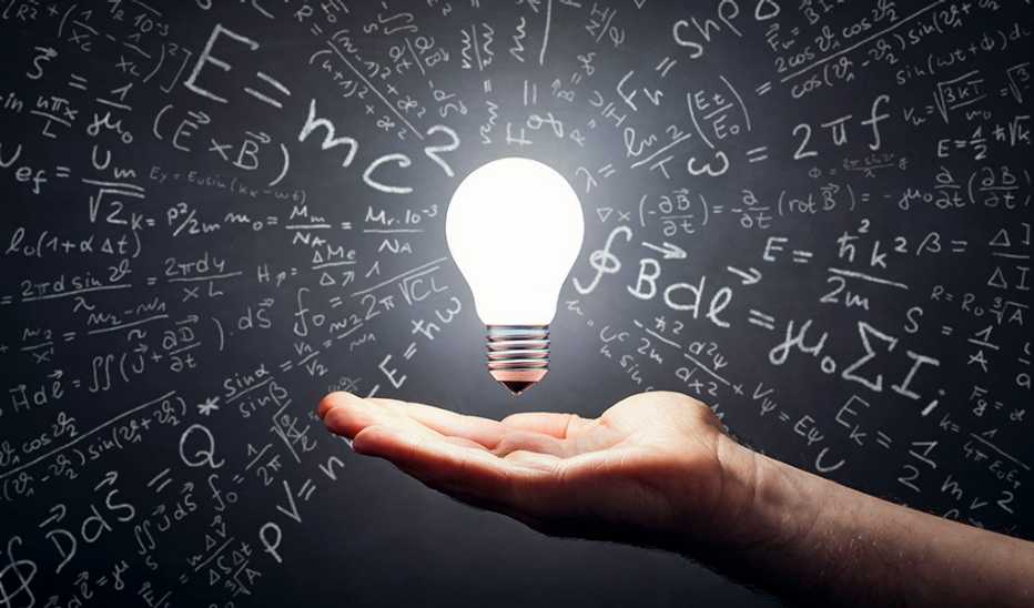 A hand with a lit lightbulb floating above it with a blackboard of math equations