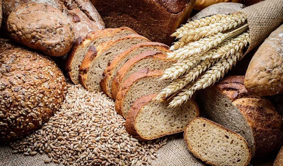 A close-up view of bread and wheat