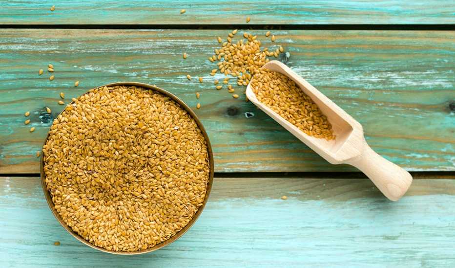 A bowl of golden linseed and shovel on green wood