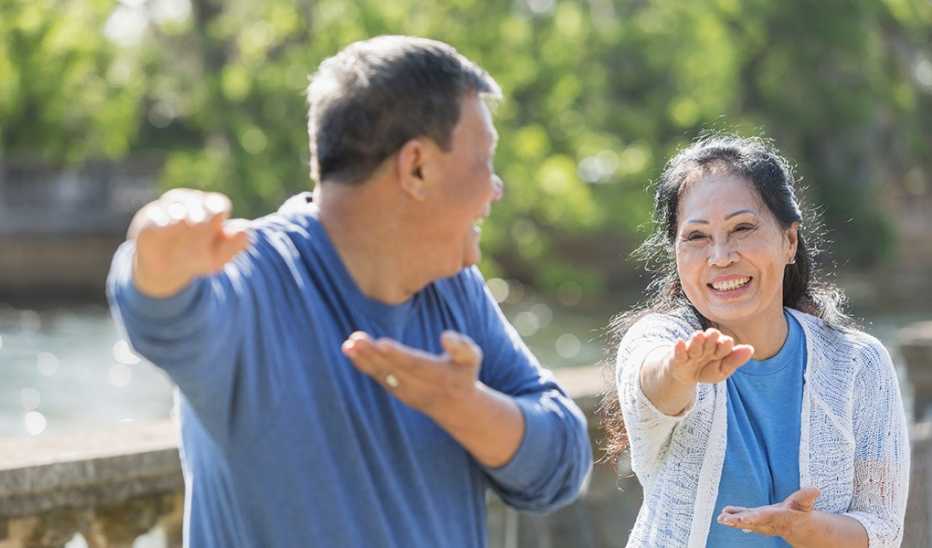 A smiling couple doing tai chi together in the park