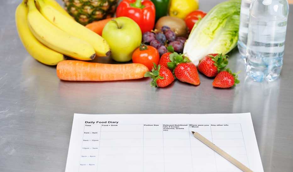 A daily food diary paper next to fruits and vegetables