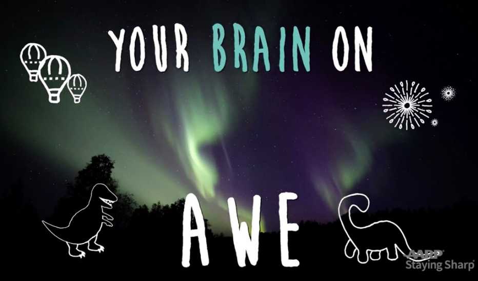 Natural lights in a night sky with "Your Brain on Awe" text