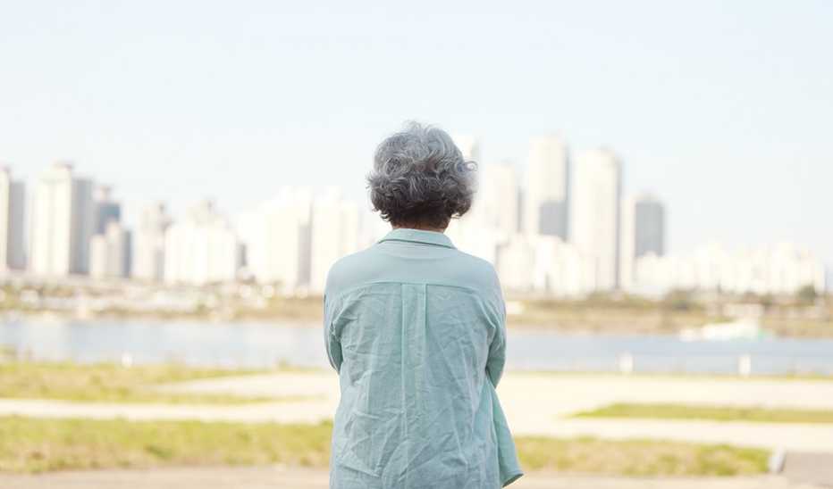 A rear view of a woman looking at a city skyline