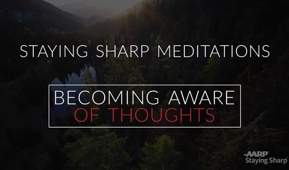 "Becoming Aware of Thoughts" text over top a forest and lake