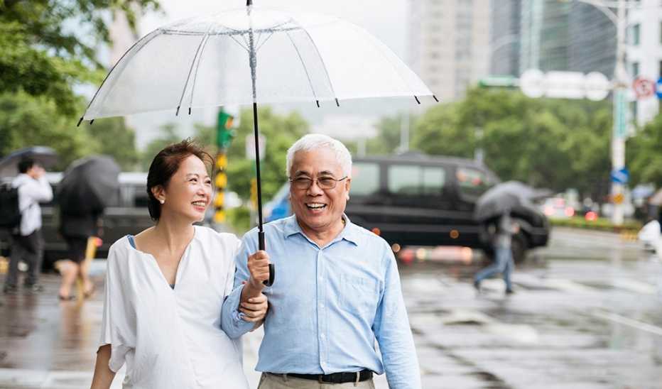 A man and woman walking in a city under an umbrella together