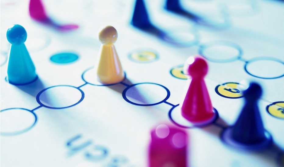 An up-close view of game pieces on a game board