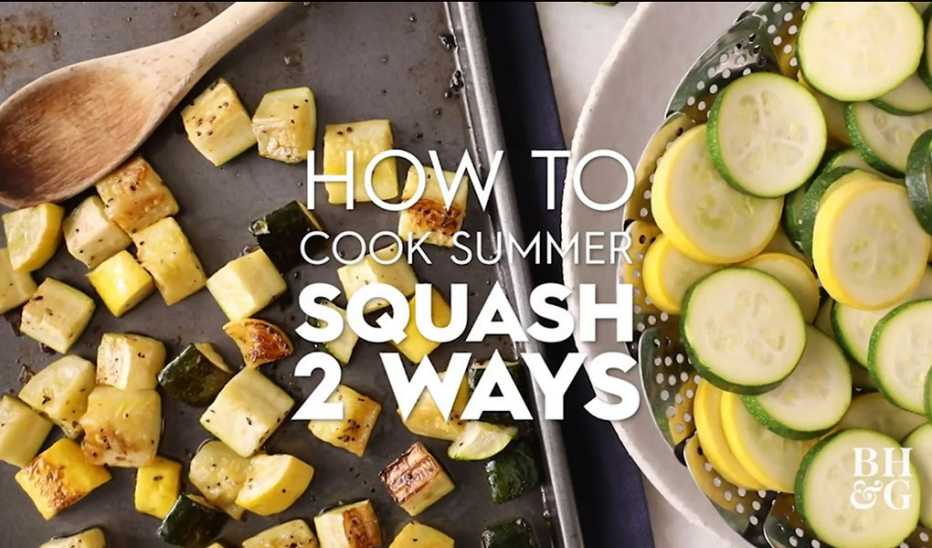A close-up view of summer squash on a pan with the text "how to cook summer squash 2 ways"
