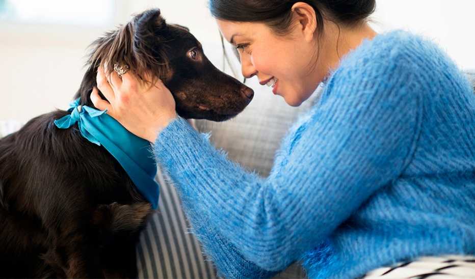 A woman staring and smiling at a dog as she holds its neck