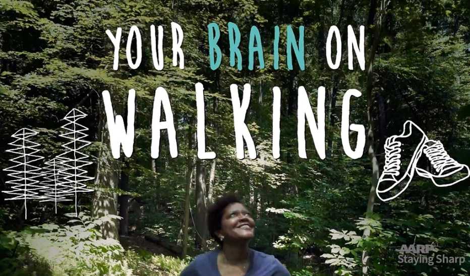 A woman walking in the woods with "Your Brain on Walking" text