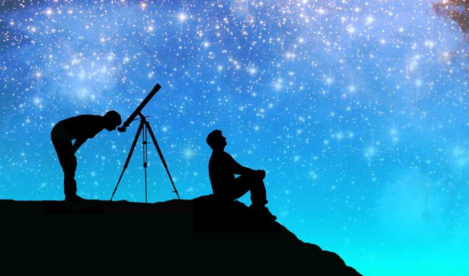 An illustration of two people looking up at the stars with a telescope