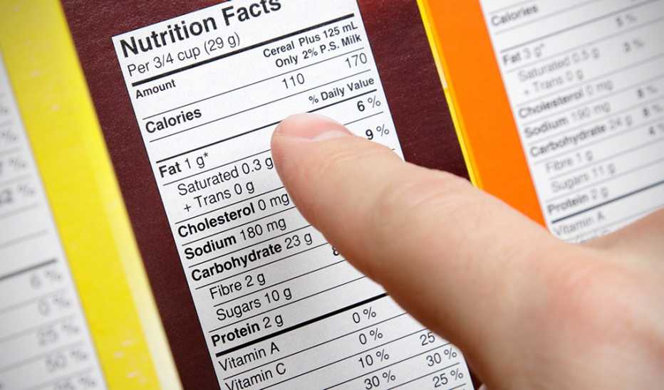 A finger pointing at the nutrition label on a box
