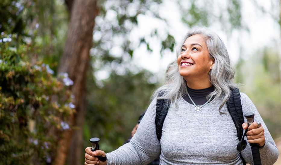 A woman hiking in the woods