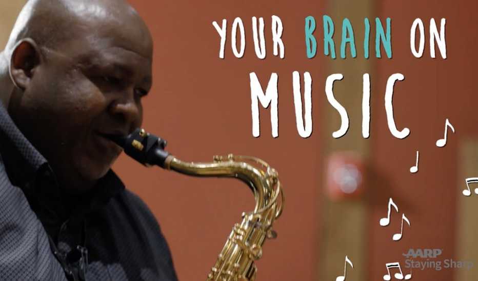 A man playing a saxophone with "Your Brain on Music" text