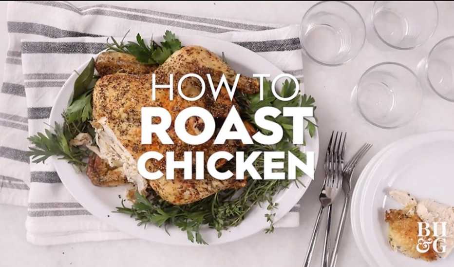 A close-up view of roast chicken on a plate with the text "how to roast chicken"