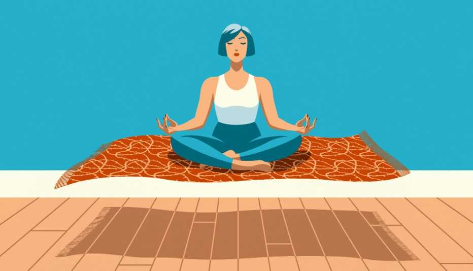 Illustration of a woman meditating on a carpet that is hovering above the floor 