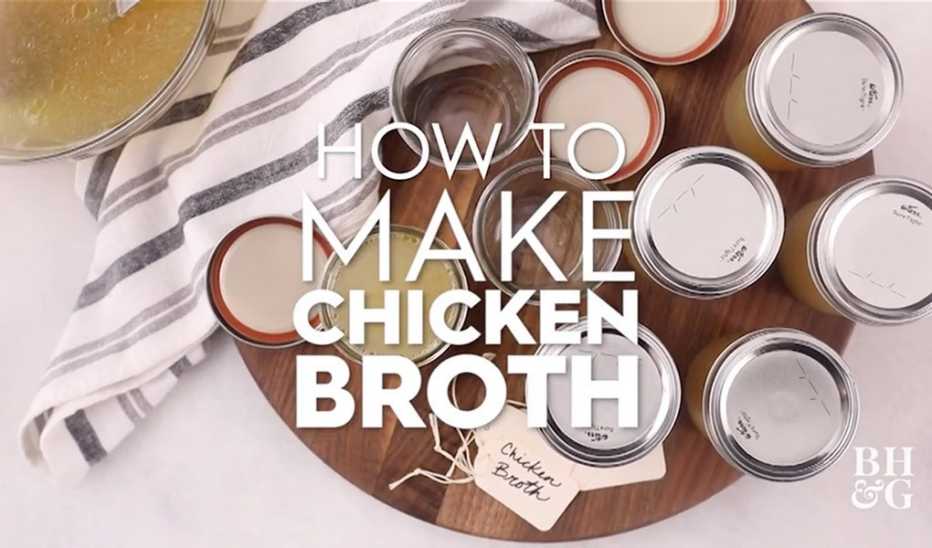 A close-up view of cans of chicken broth with the text "how to make chicken broth"