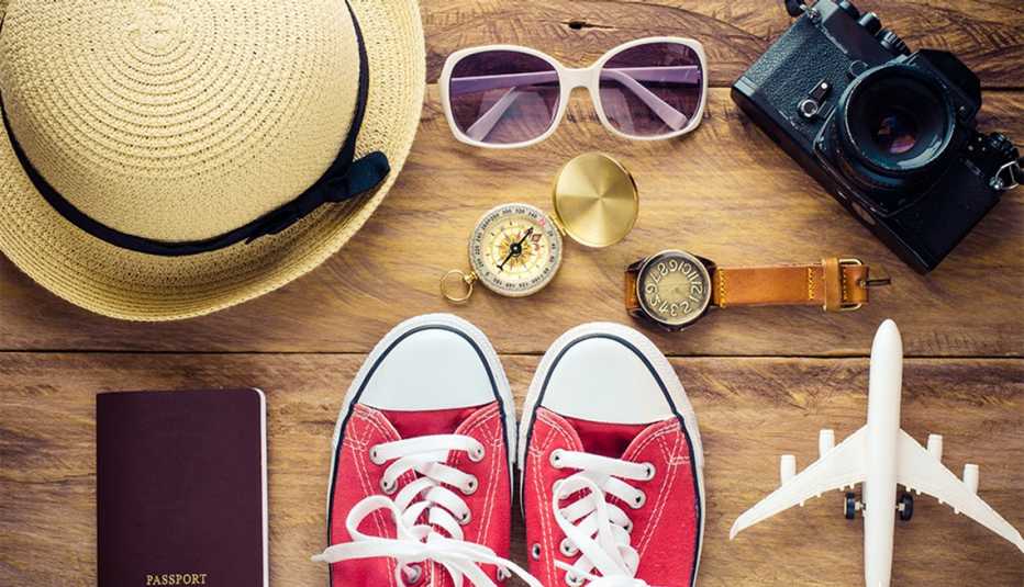 An up-close view of travel accessories for a flight