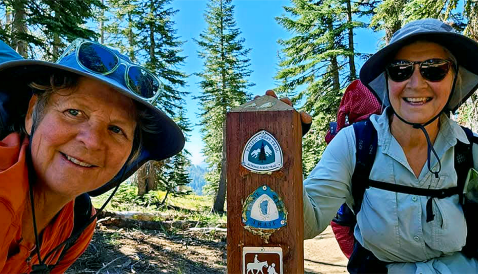 Kristy Burns and Annette Demel hiking the Tahoe Rim Trail in Lake Tahoe in August 2024