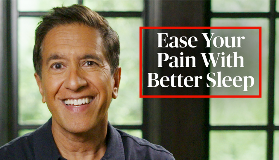 Sanjay Gupta, M.D., smiling in front of a window with the text "Ease Your Pain With Better Sleep"