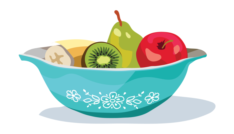 A bowl filled with an apple, pear, banana and kiwi