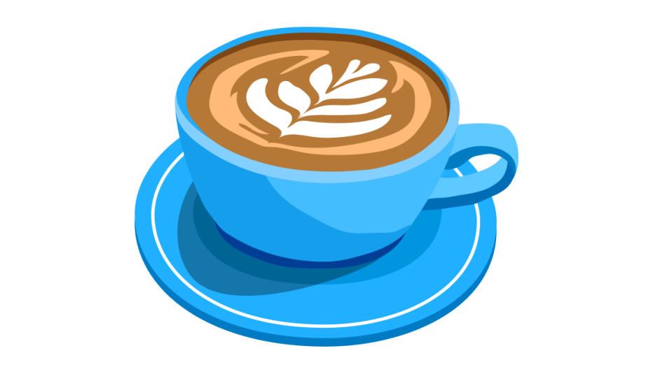A latte in a blue mug with foam art