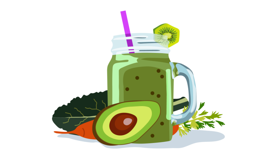 A green fruit smoothie with a kale, carrot, kiwi and avocado on the side