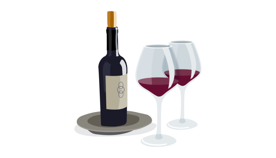 A wine bottle on a brass plate and two wine glasses filled with red wine