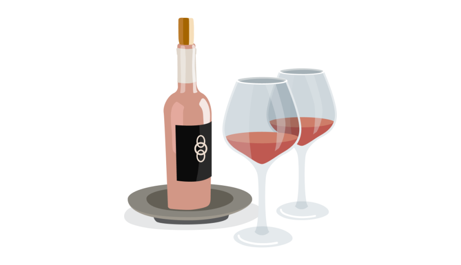 A bottle of rose wine and two long stemmed wine glasses