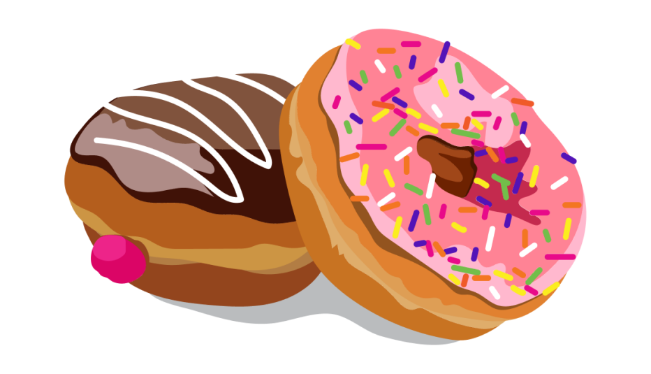 One jelly-filled doughnut with chocolate icing and another doughnut with pink icing and sprinkles