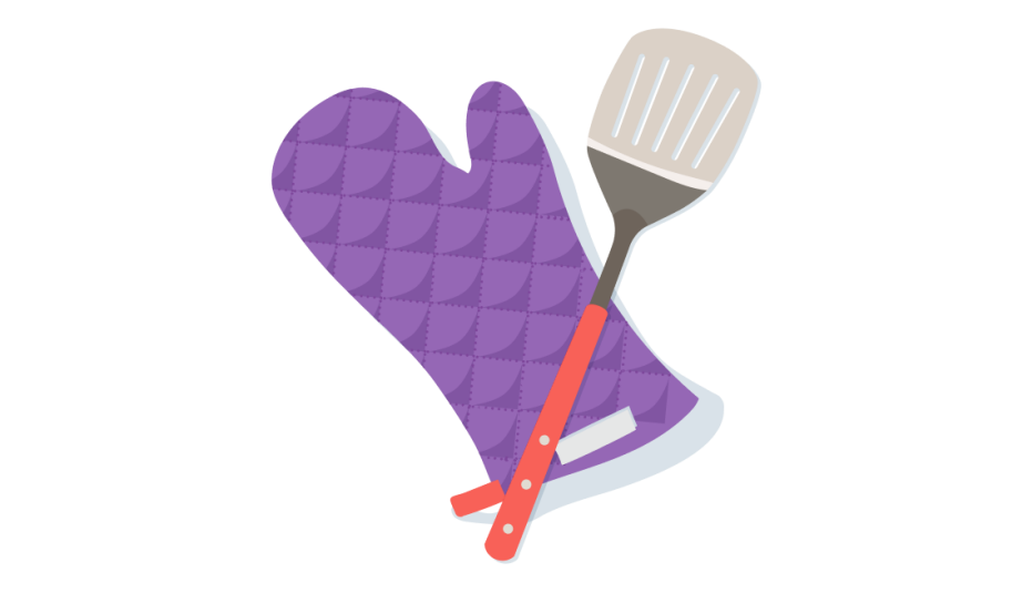 A spatula and purple oven mitt