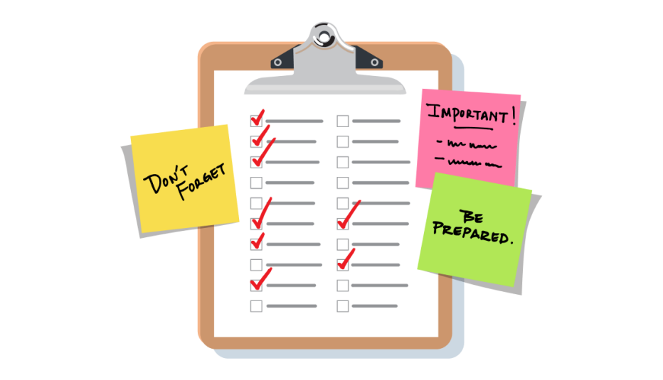 A clipboard with a checklist and three sticky notes