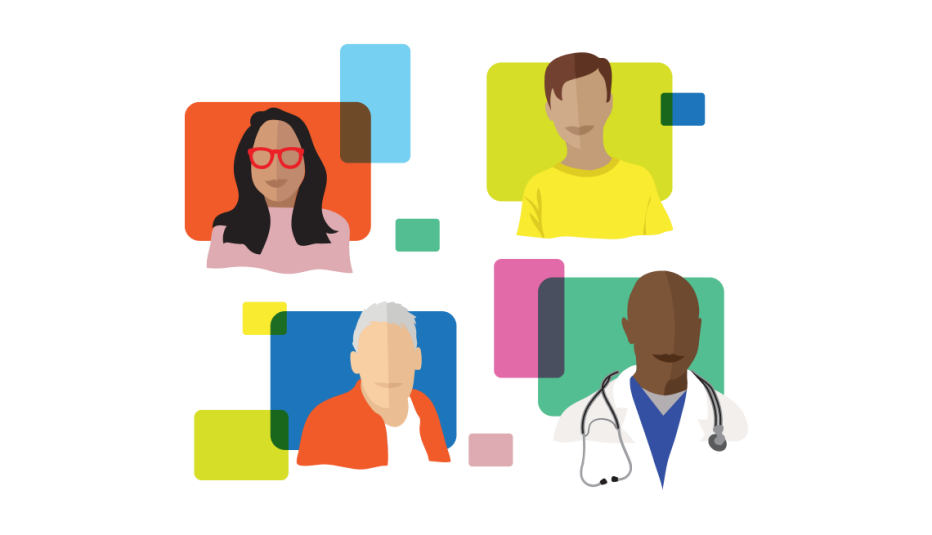 Four people in separate in virtual talk bubbles