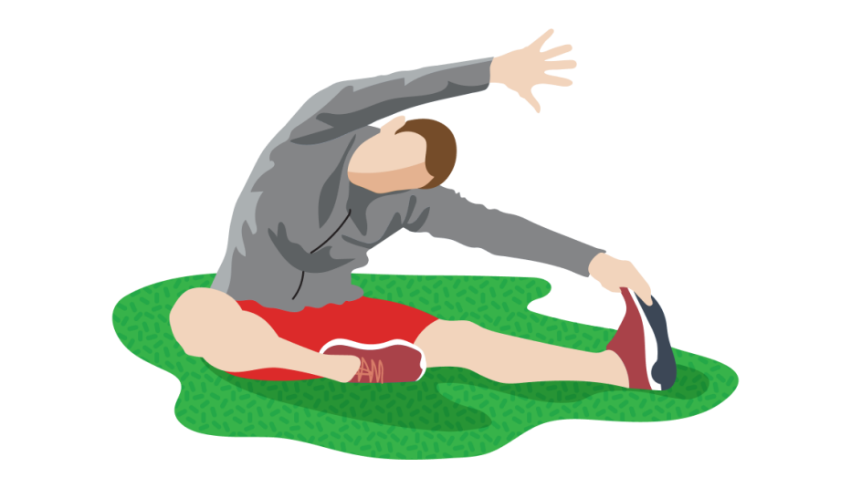 A runner sitting on the ground and stretching